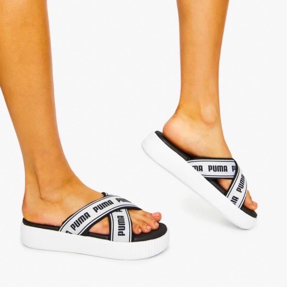 PUMA Logo Criss-Cross Black White  Tape Platform Slide Sandals New - Picture 3 of 14